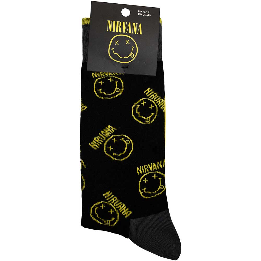 Image of Nirvana Unisex Terry Socks: Yellow Happy Face Pattern Rock Off